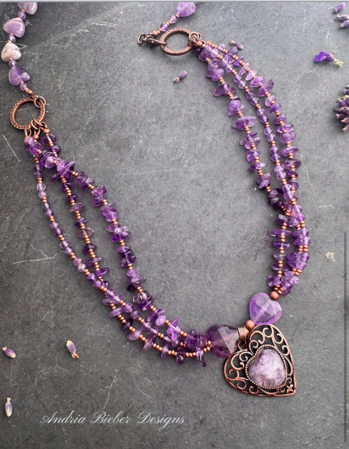 Heart of amethyst. Amethyst stone, copper metal, necklace