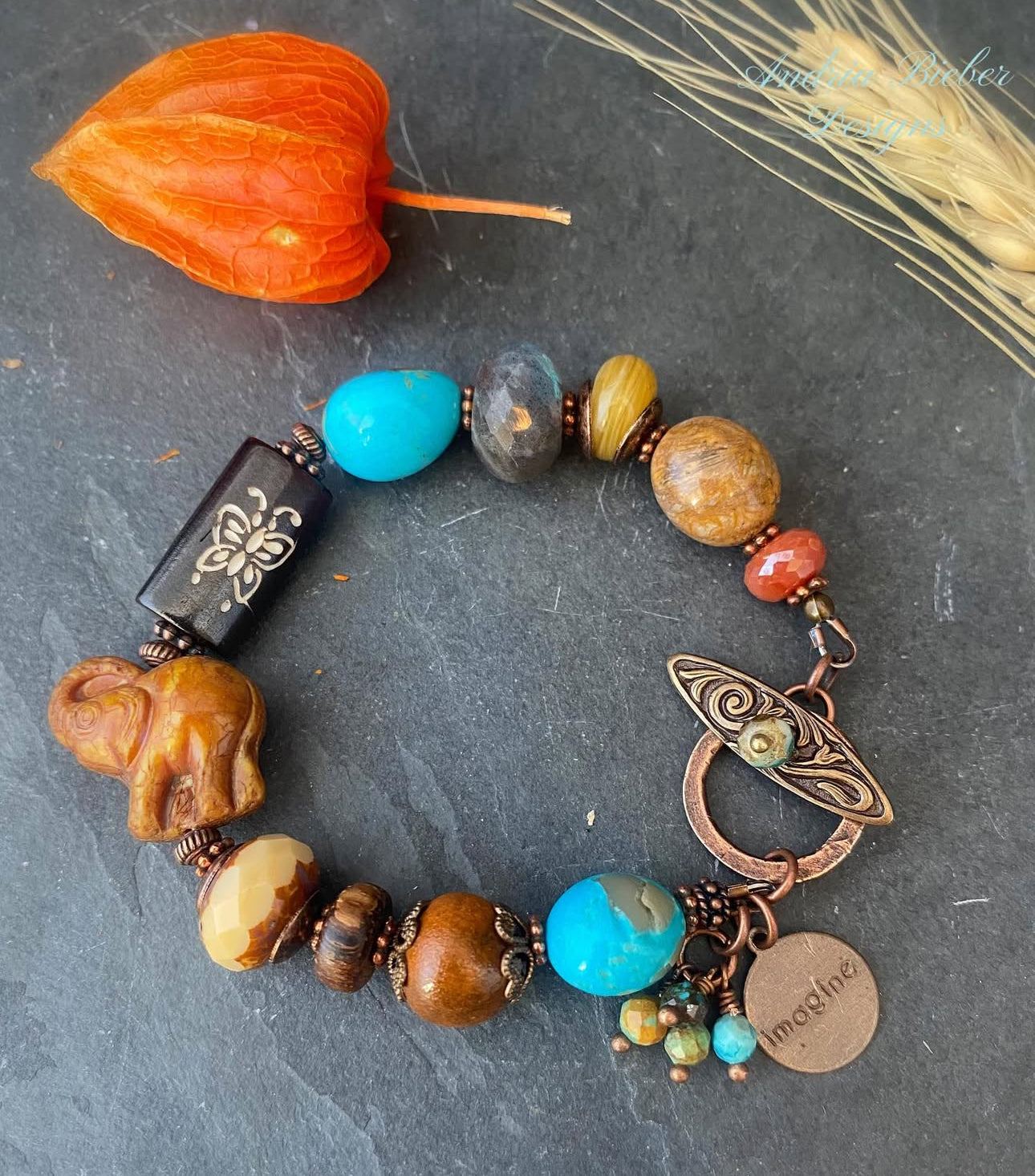 Turquoise stone, lampwork glass, czech glass, labradorite stone, spiny oyster, ￼copper metal, bracelet
