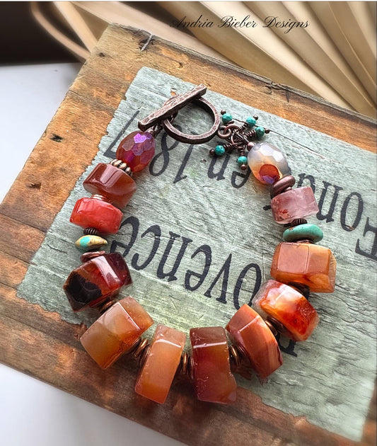 Turquoise, carnelian agate, copper metal, bracelet