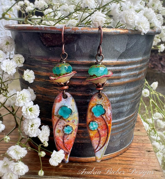 Enamel charm copper metal, turquoise hue, Czech glass, bead caps, earrings