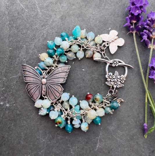 Silver butterfly.  Blue agate stone, silver metal, chain, bracelet