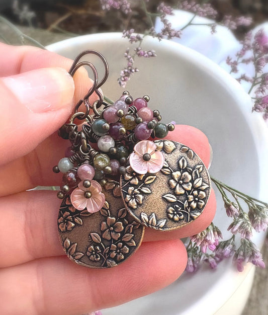 Watermelon tourmaline stone, pink shell blossom, bronze metal, earrings.