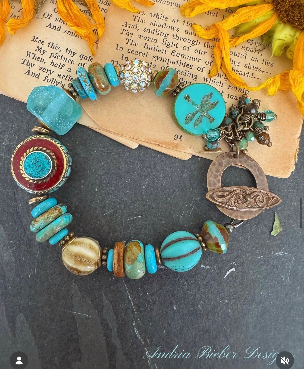 Hubei Turquoise stone, czech glass, Indonesian bead, ceramic bead, roman glass, rhinestone, brass, bracelet