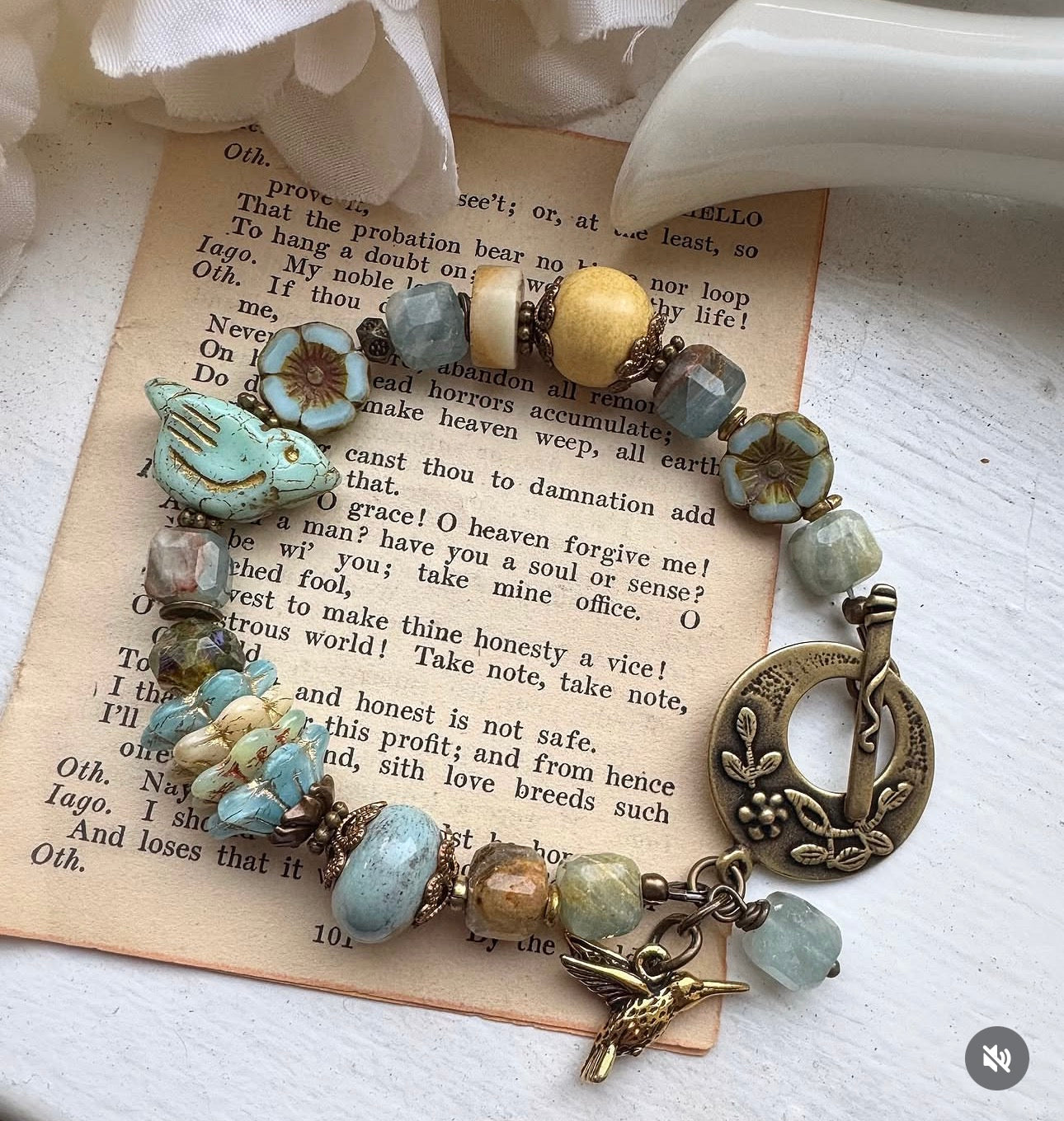 Blue bird. Mixed gemstone, ceramic beads, czech glass, bronze metal, bracelet