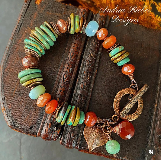 Turquoise, chrysoprase, mystic carnelian agate, copper metal, bracelet