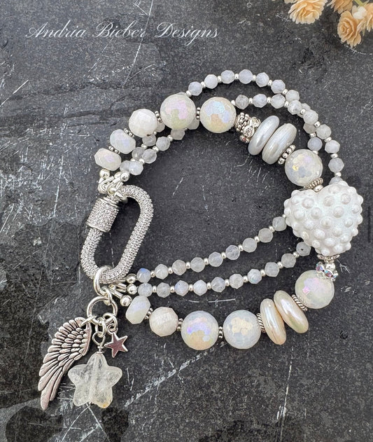Polka dot heart Lamp work, mystic moonstone, pearls, clear quartz, silver metal, rhinestone twist clasp, bracelet. MTO.