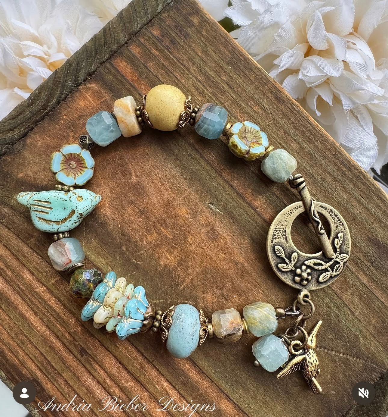 Blue bird. Mixed gemstone, ceramic beads, czech glass, bronze metal, bracelet