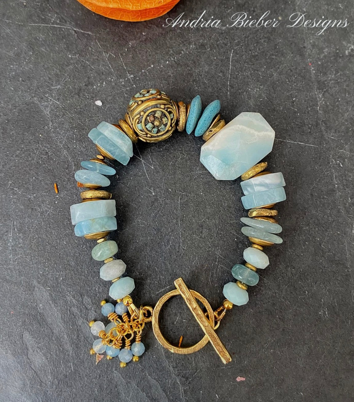 Aquamarine gemstone, Nepal bead, african brass, bracelet.