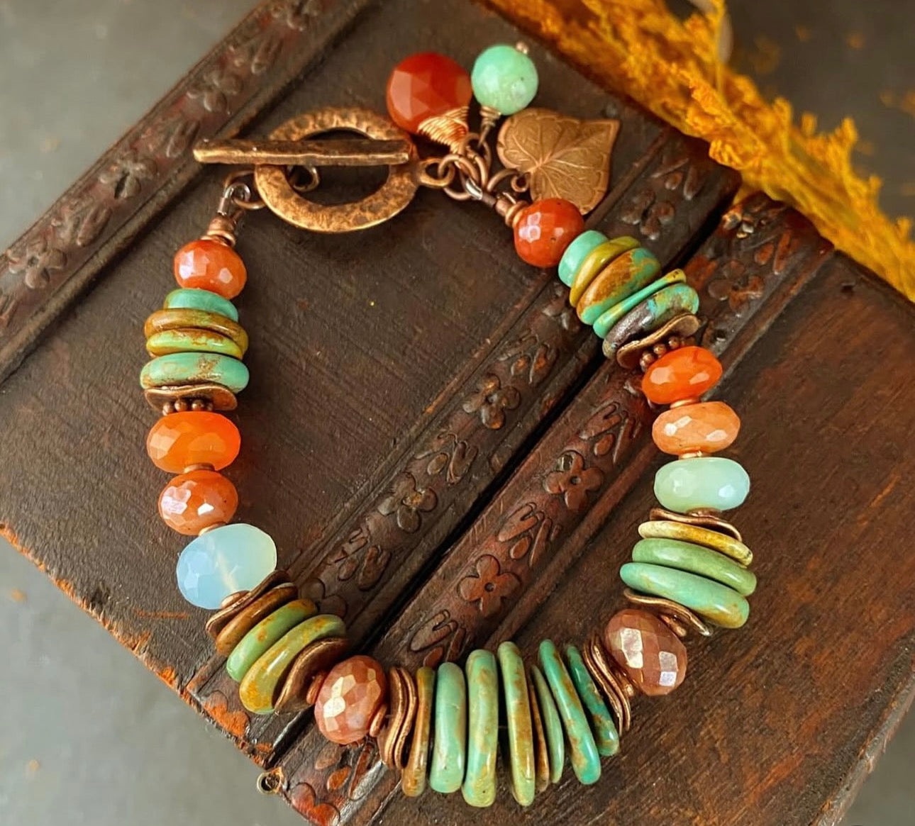 Turquoise, chrysoprase, mystic carnelian agate, copper metal, bracelet