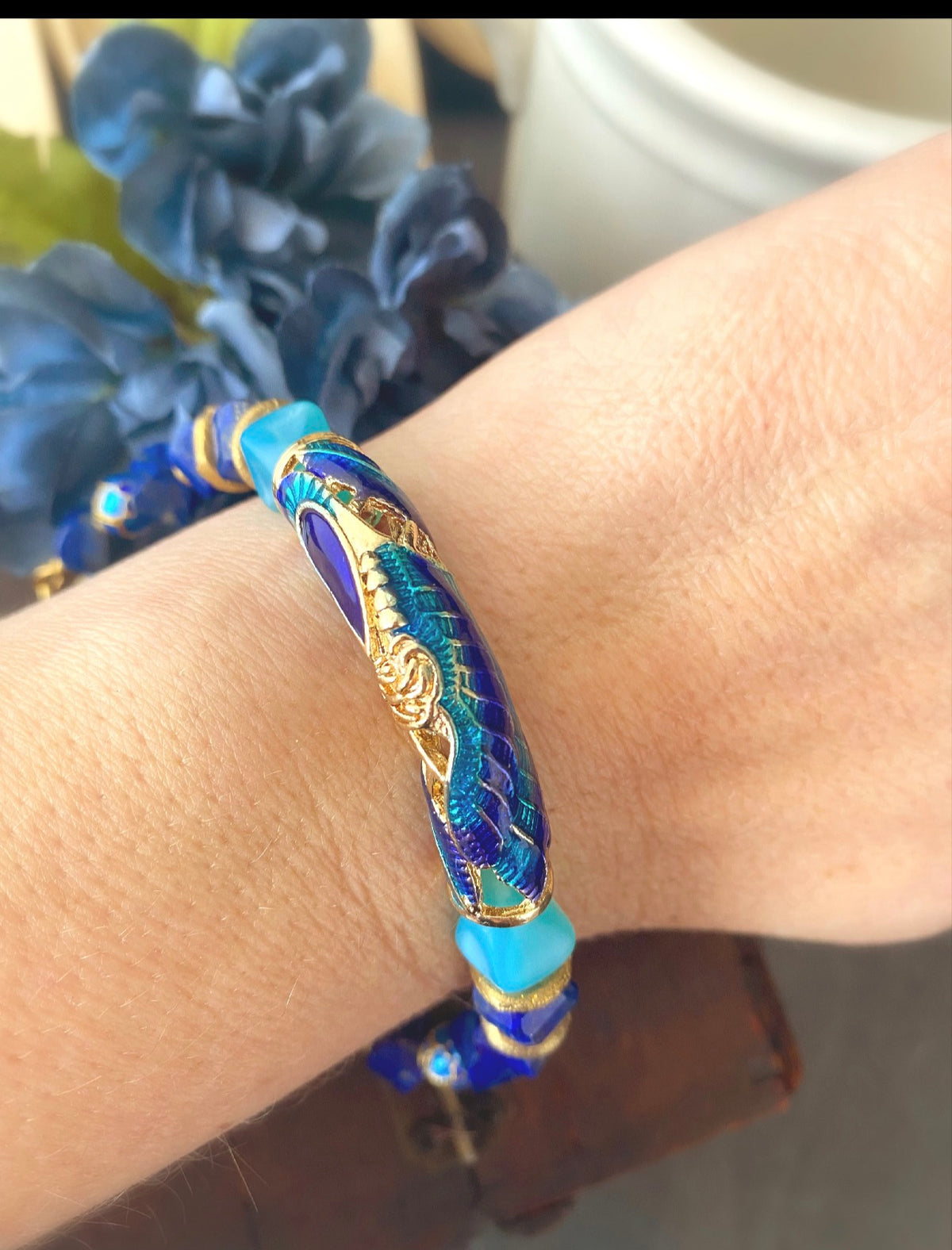 Peacock bracelet. Lapis lazuli stone, cloisonné cuff, czech glass, bracelet, KIT