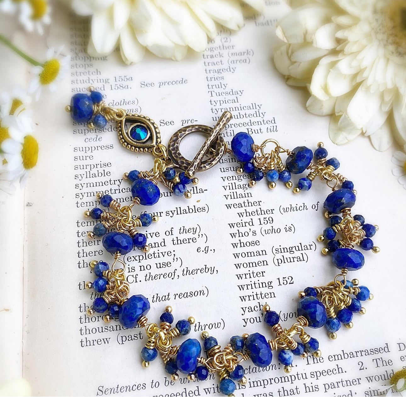Lapis lazuli stone, gold metal, evil eye, bracelet. KIT