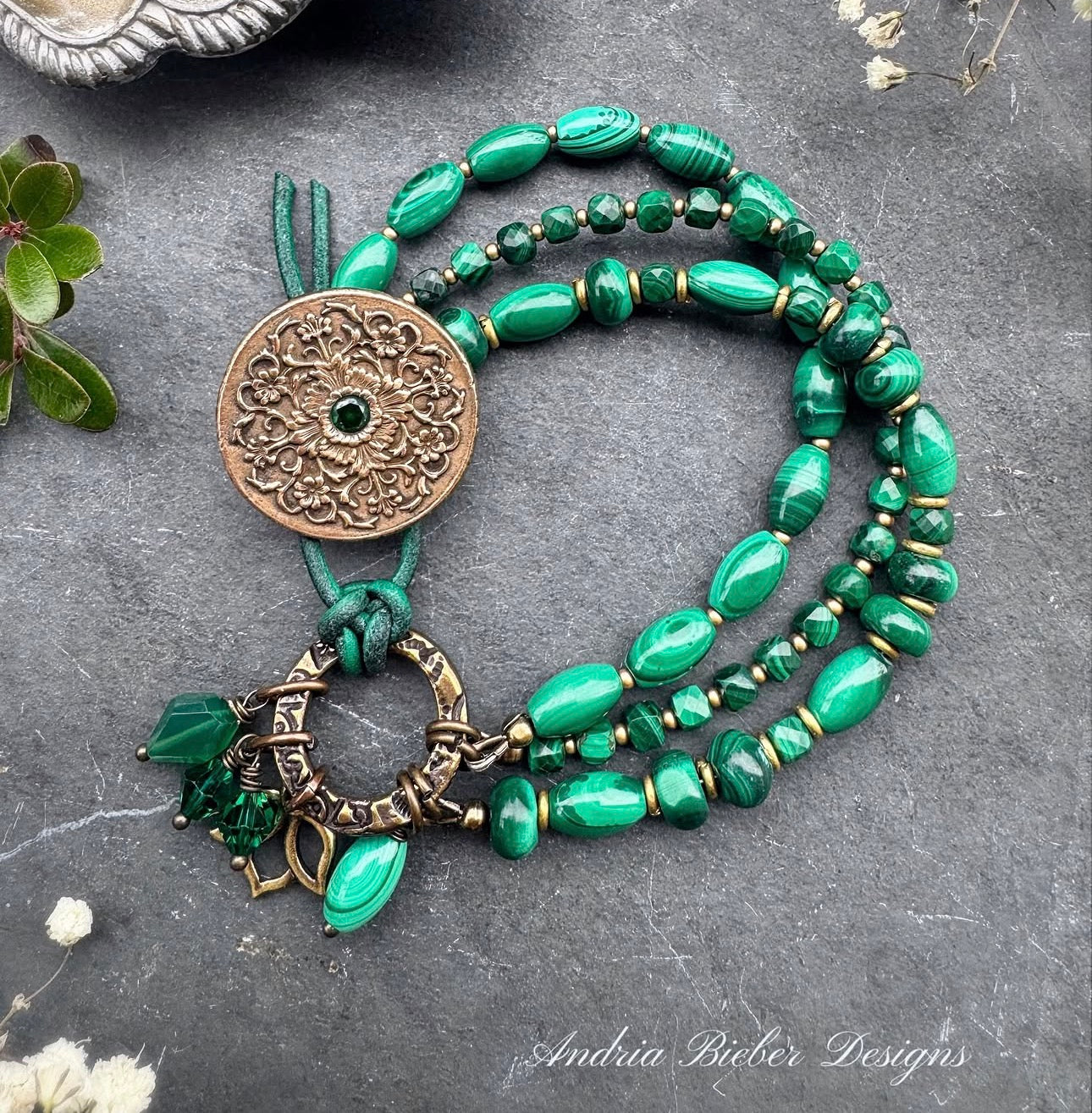 Malachite and emerald stone,  multi strand, handmade button, green leather, bracelet