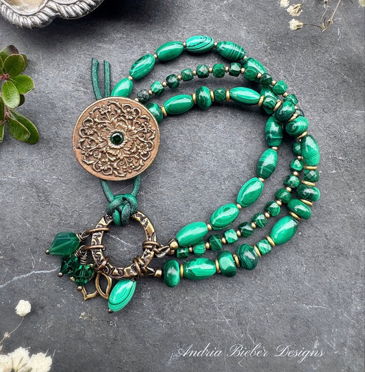 Malachite and emerald stone,  multi strand, handmade button, green leather, bracelet
