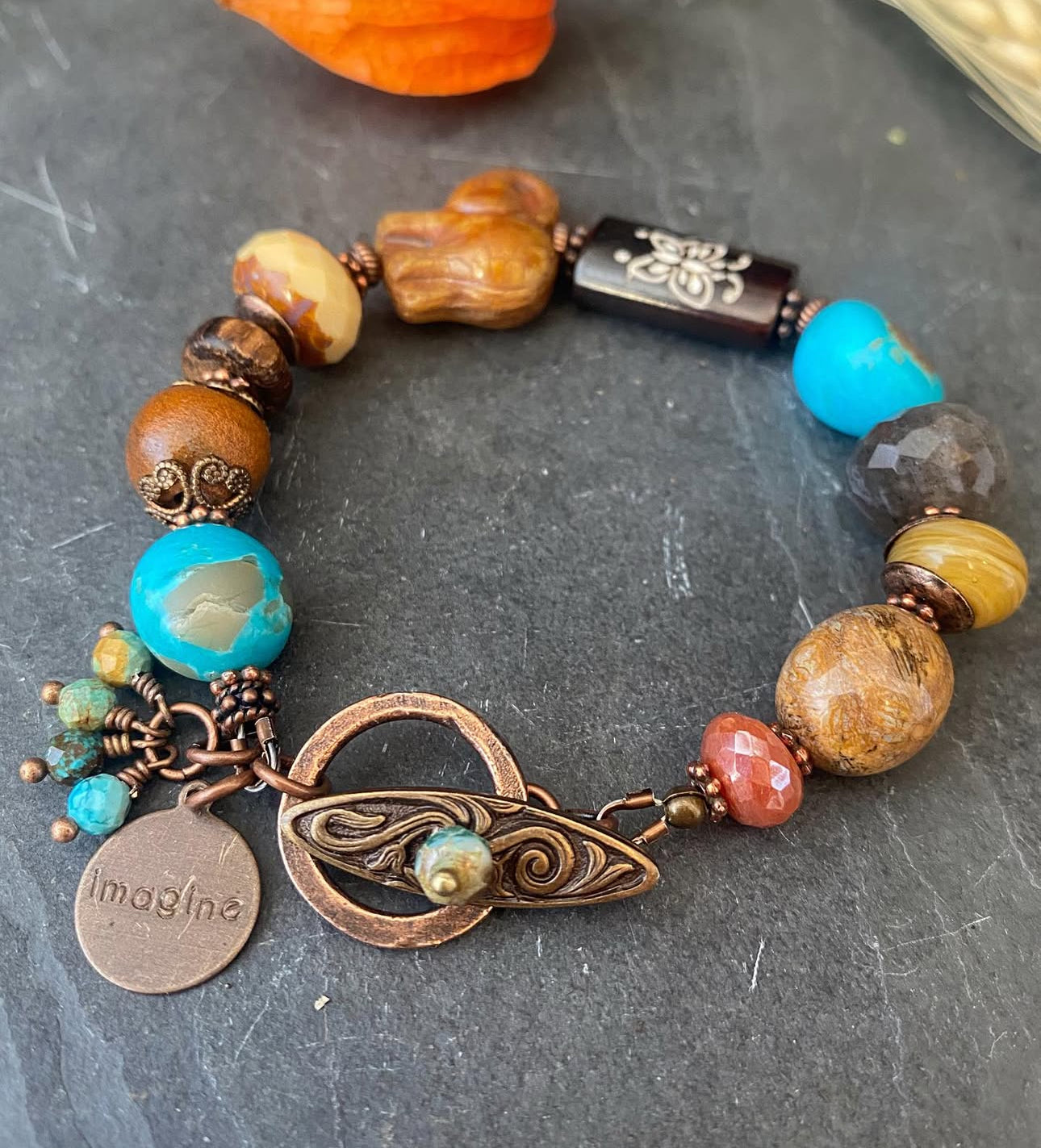 Turquoise stone, lampwork glass, czech glass, labradorite stone, spiny oyster, ￼copper metal, bracelet