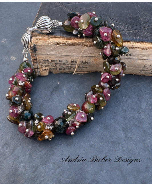Watermelon tourmaline chip stone, wrapped stone, silver, bracelet