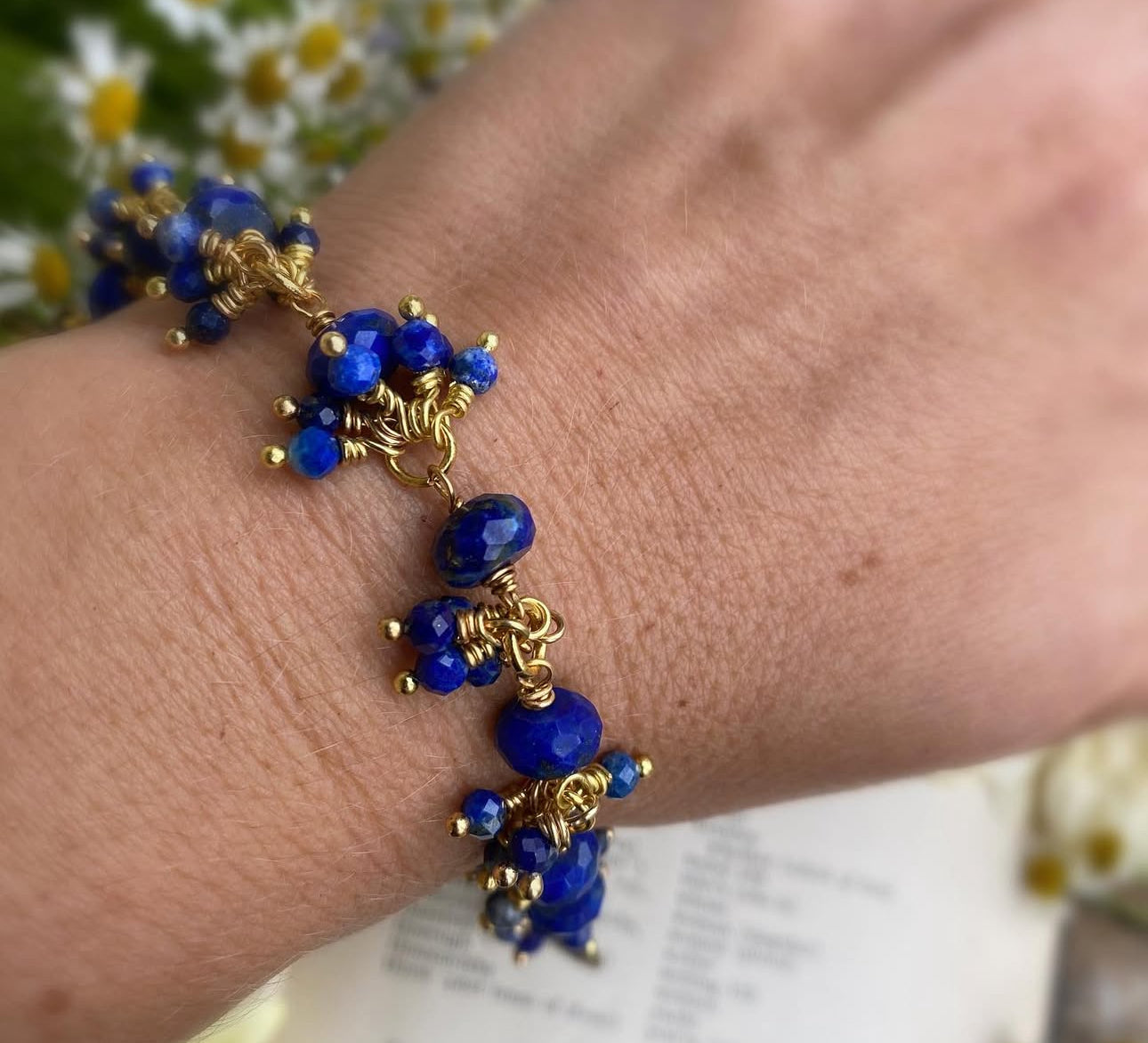 Lapis lazuli stone, gold metal, evil eye, bracelet. KIT