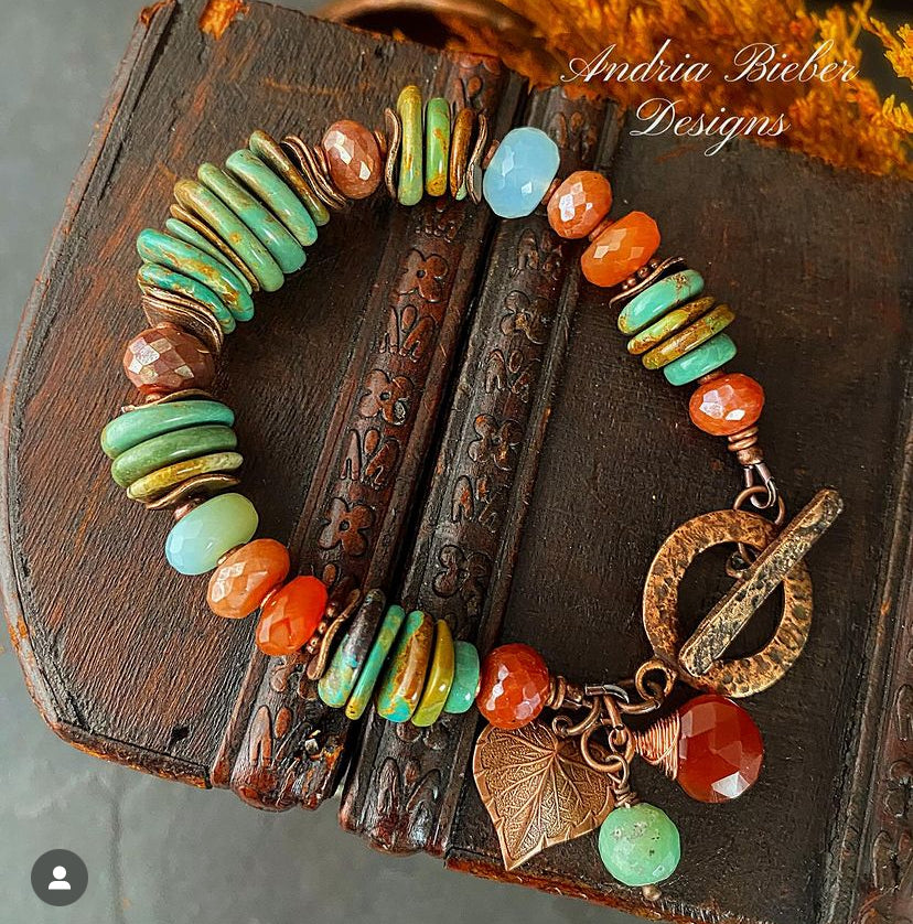 Turquoise stone, carnelian agate,copper metal, bracelet.