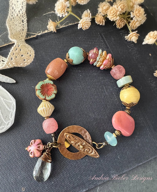 Strawberry quartz, peach moonstone,czech glass, ceramic, Amazonite stone, brass metal.