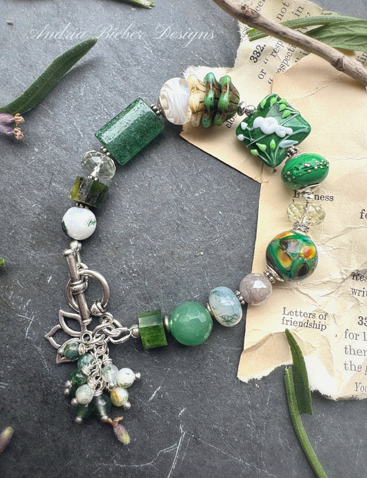 Green bird. czech glass, lampwork glass, ceramic, jade, green amethyst ,silver metal.
