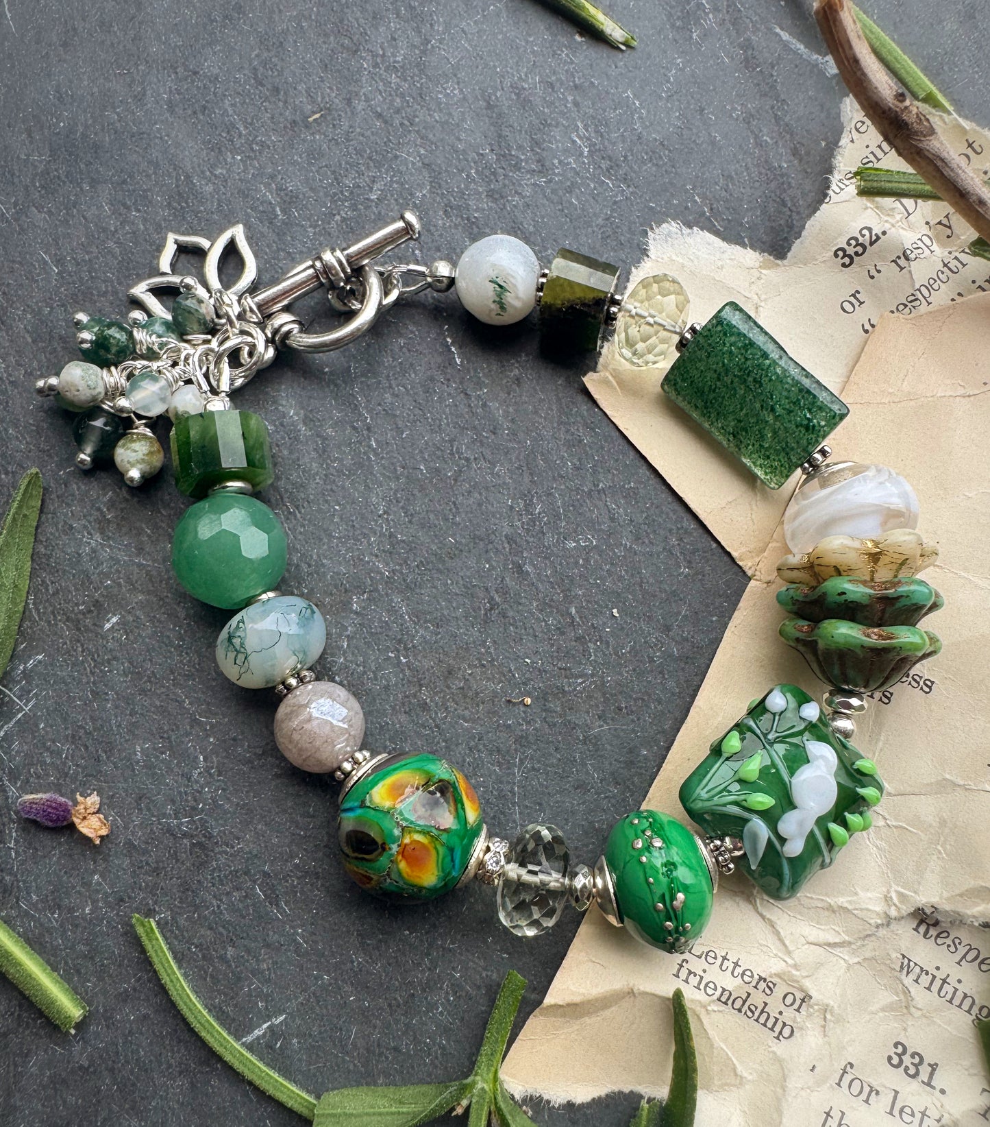 Green bird. czech glass, lampwork glass, ceramic, jade, green amethyst ,silver metal.