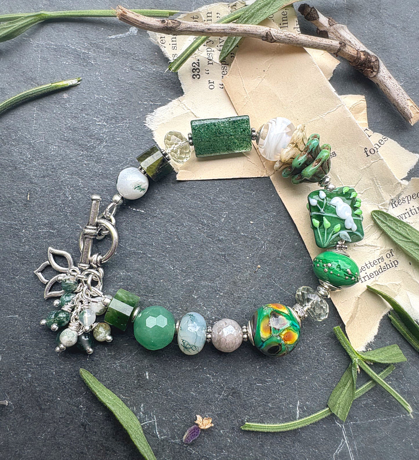 Green bird. czech glass, lampwork glass, ceramic, jade, green amethyst ,silver metal.