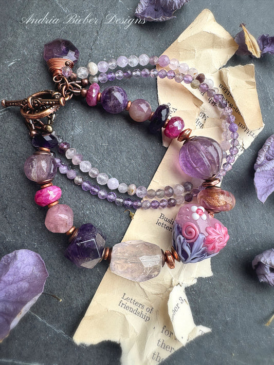 Amethyst stone, lampwork glass, pink moonstone, rose quartz, bracelet