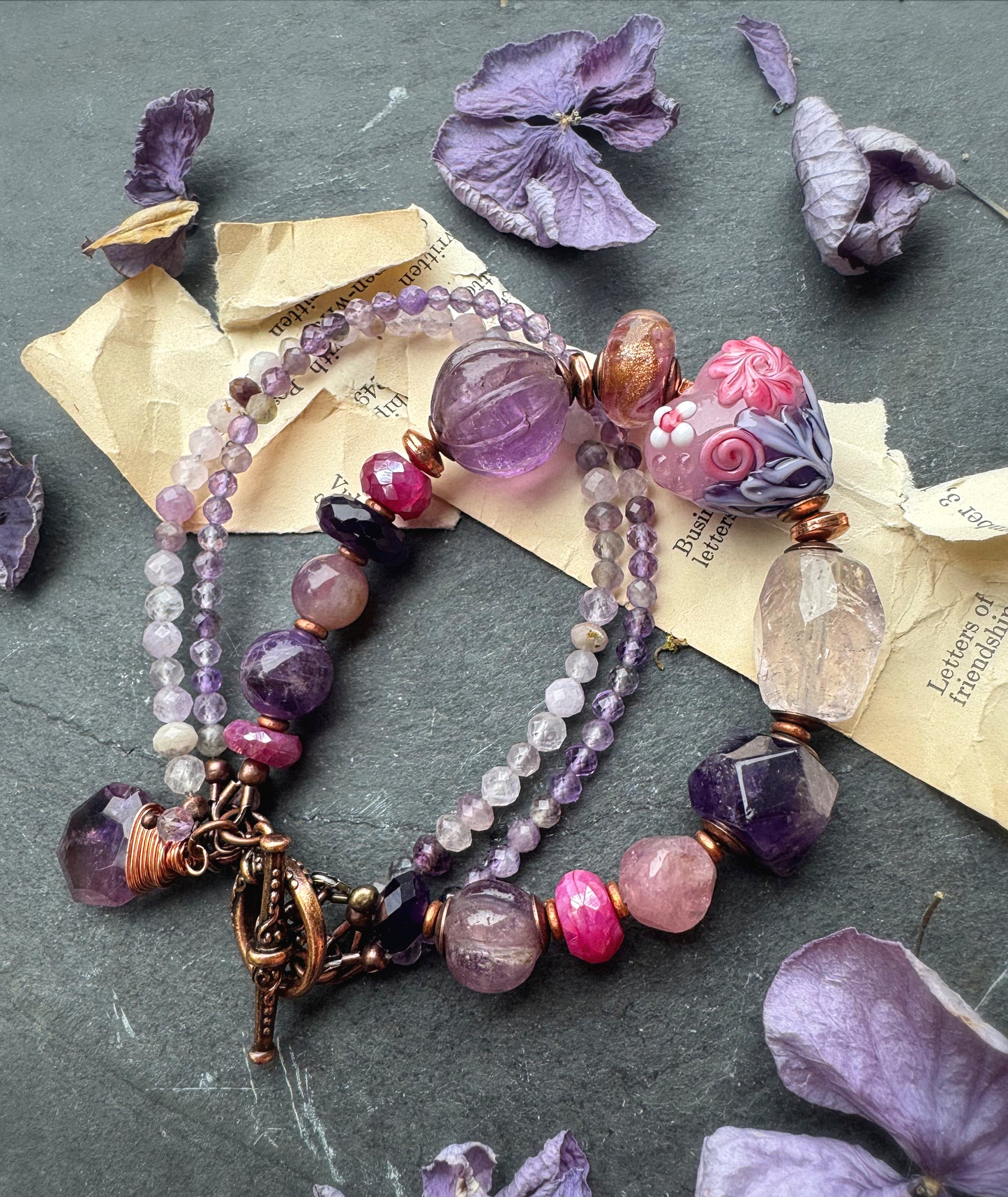 Amethyst stone, lampwork glass, pink moonstone, rose quartz, bracelet