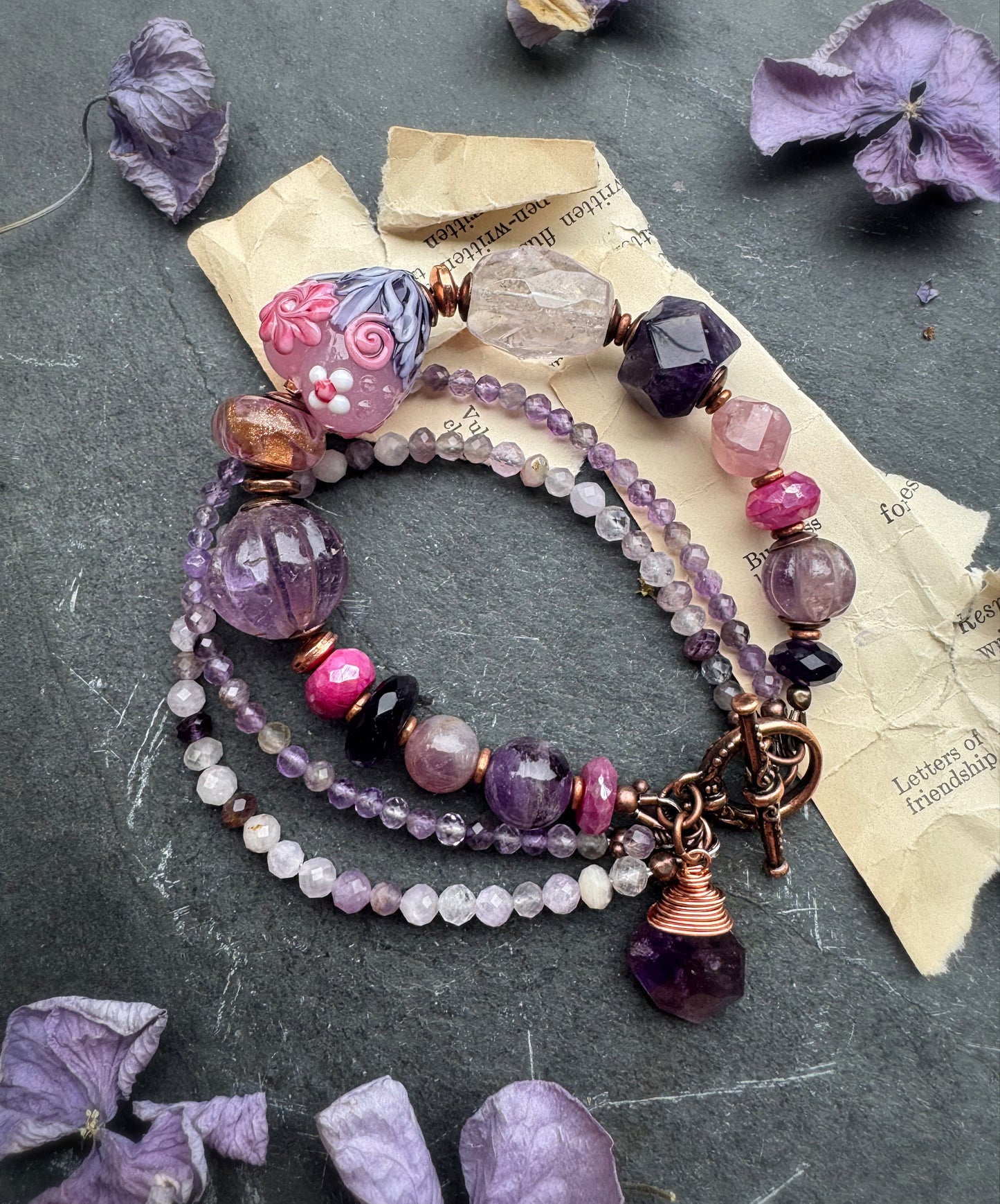 Amethyst stone, lampwork glass, pink moonstone, rose quartz, bracelet