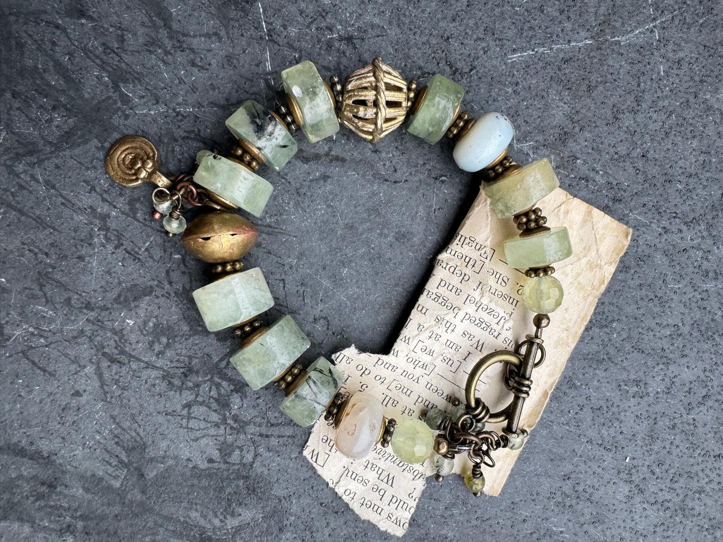 Prehnite stone, African brass, Chrysoprase stone, bracelet