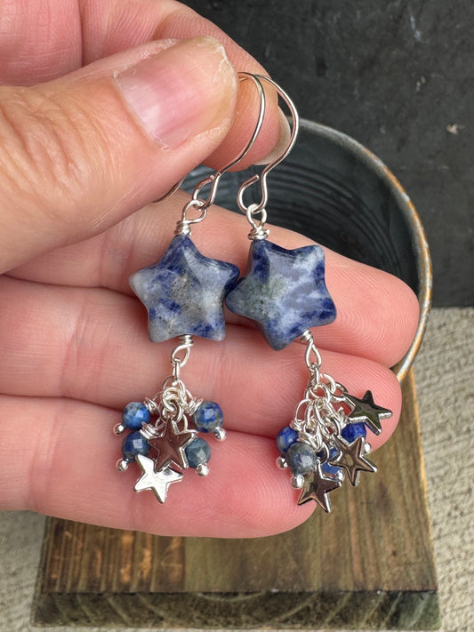 Sodalite stone stars, Lapis lazuli stone, silver metal, earrings
