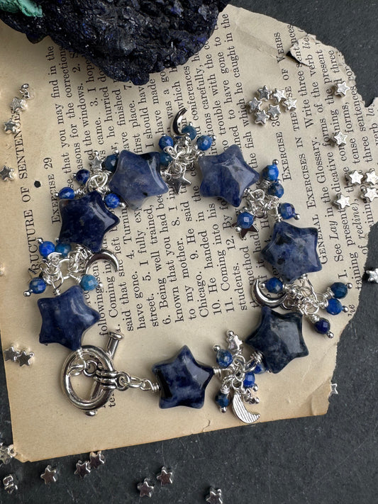 Sodalite stone stars, Lapis lazuli stone, silver metal, bracelet