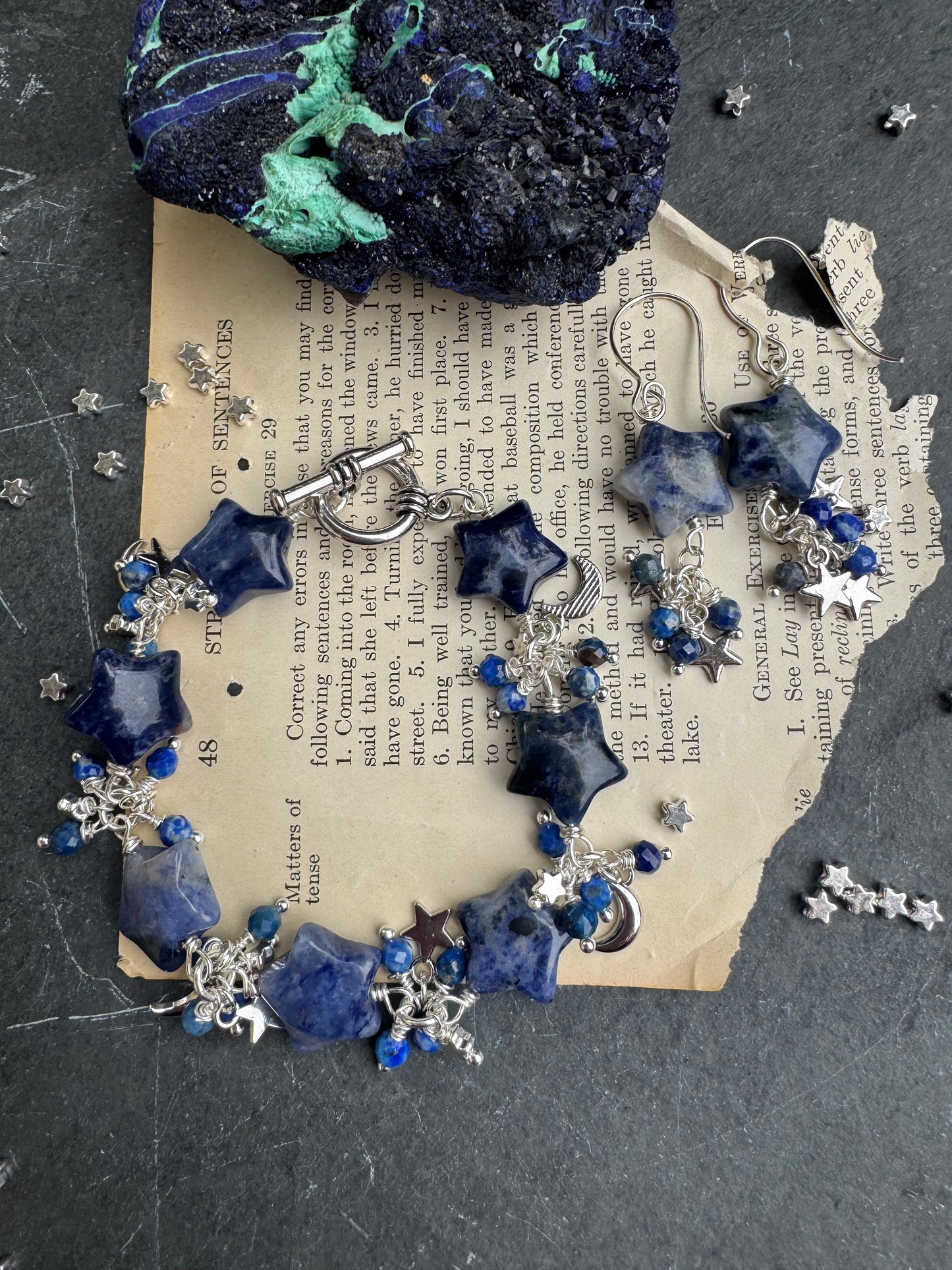 Sodalite stone stars, Lapis lazuli stone, silver metal, bracelet