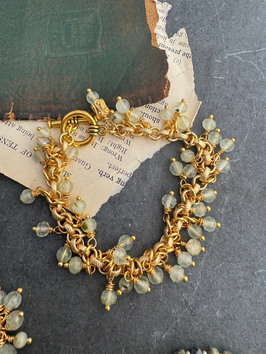 Prehnite gemstone and gold metal, dangle, bracelet.