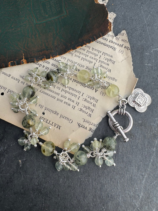 Prehnite gemstone and silver metal, bracelet.