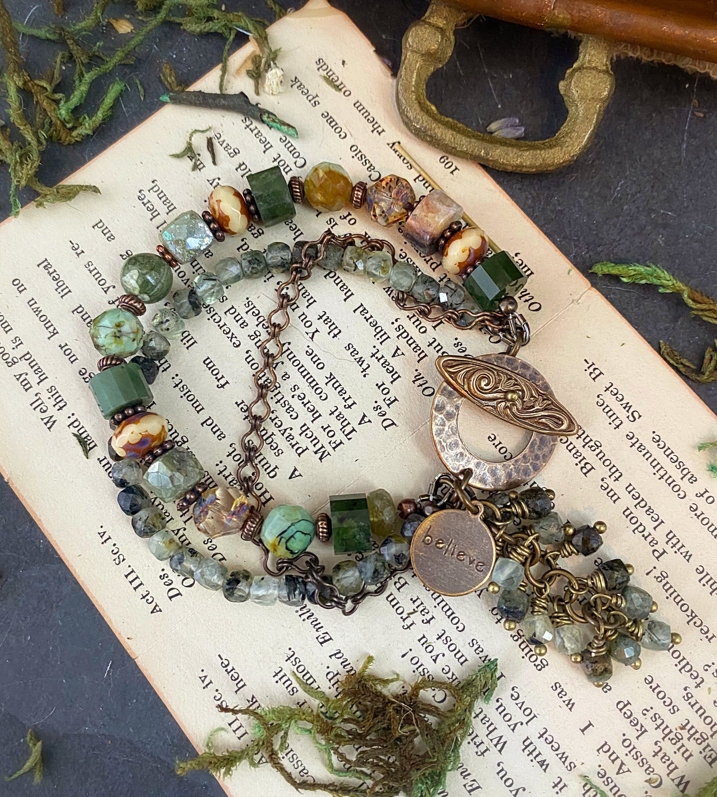 Nephrite jade stone, Czech glass, azurite, prehnite, amazonite, bronze metal, bracelet, kit