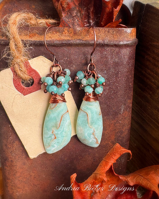 Amazonite stone drop and copper metal, earrings