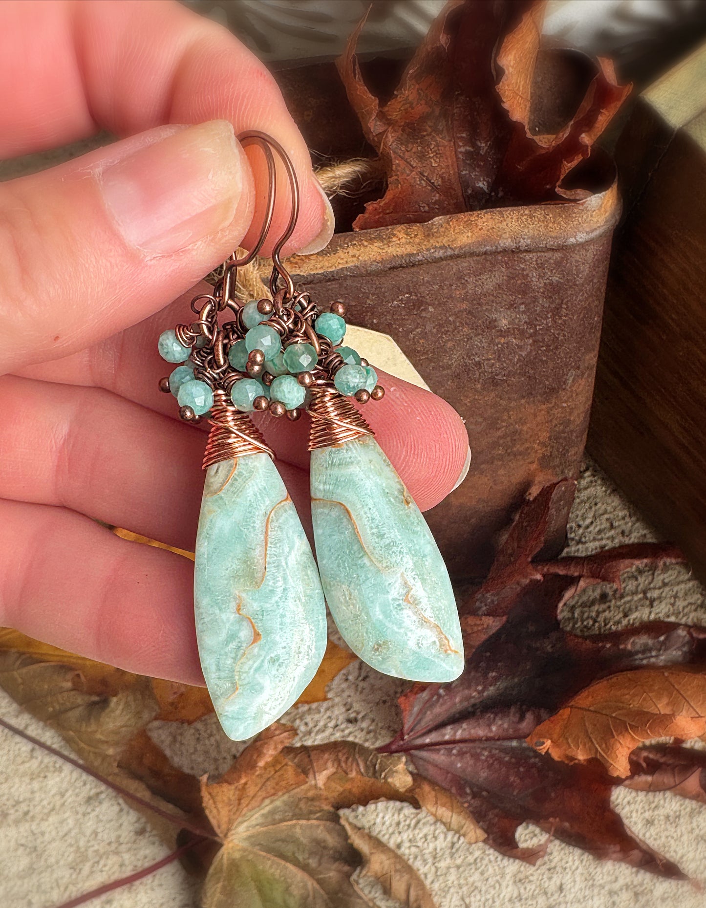 Amazonite stone drop and copper metal, earrings