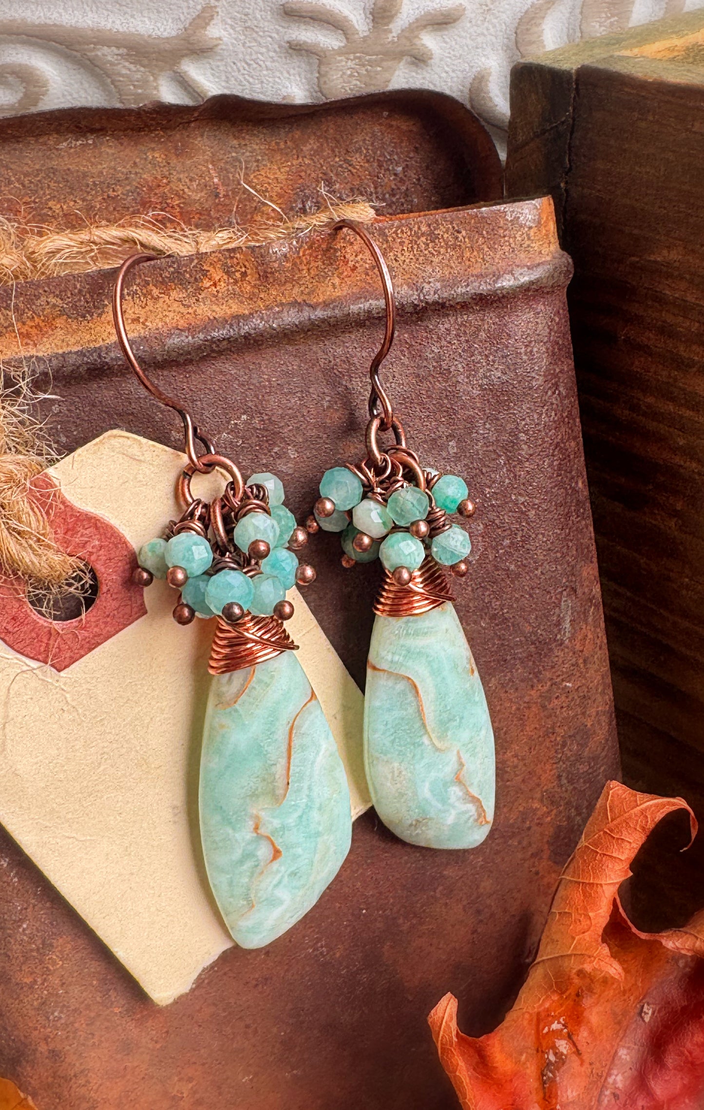 Amazonite stone drop and copper metal, earrings