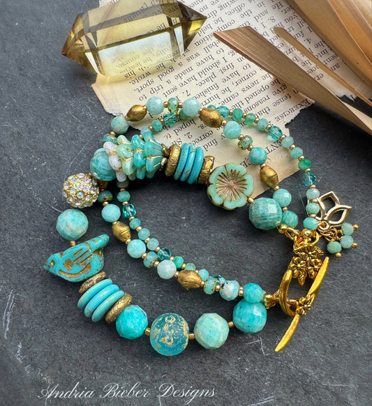 Amazonite, turquoise, Czech glass, African brass, bracelet