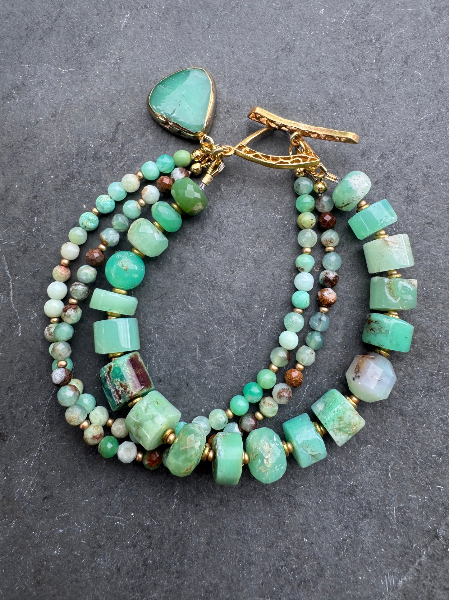 Chrysoprase and gold vermeil, multi strand bracelet