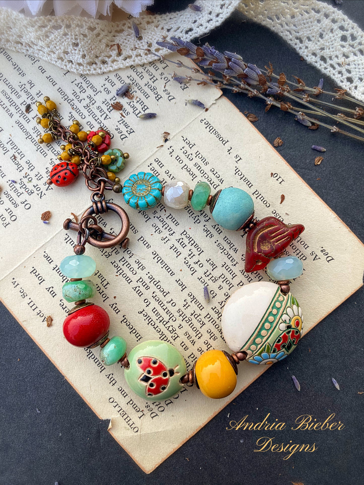Ceramic ladybug 🐞 design, mixed stone, handmade ceramic beads, czech glass, bronze metal, bracelet