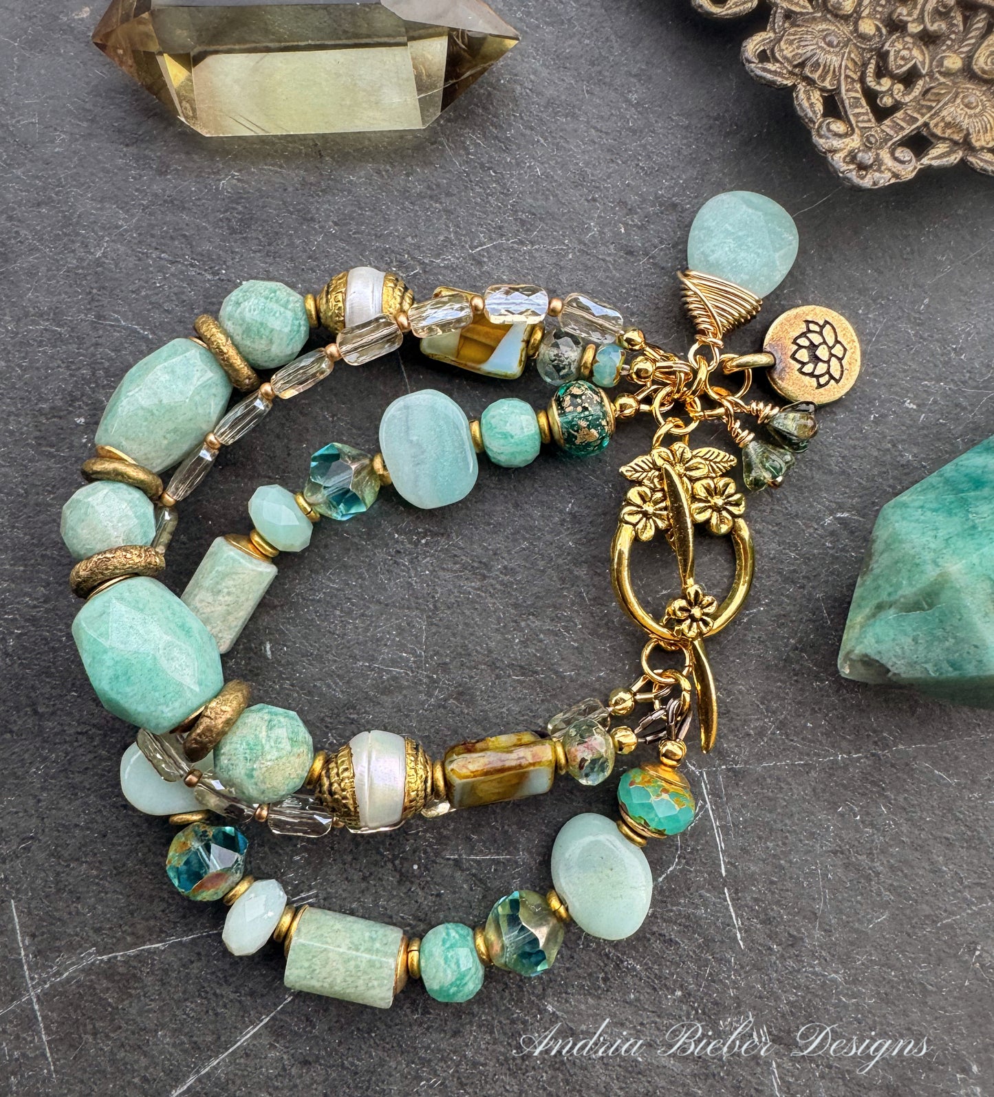 Amazonite, Czech glass, crystal, brass metal, bracelet, jewelry