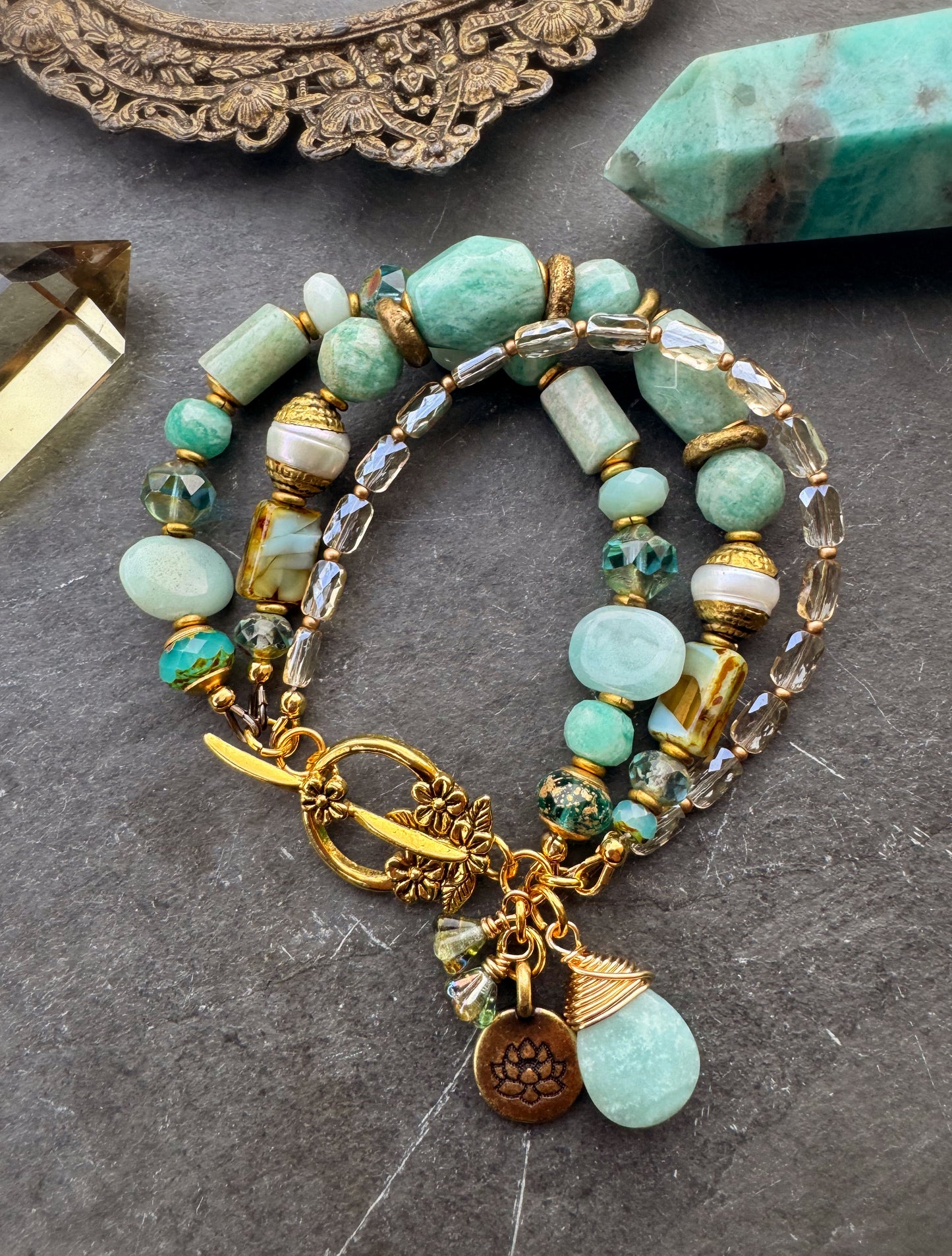 Amazonite, Czech glass, crystal, brass metal, bracelet, jewelry