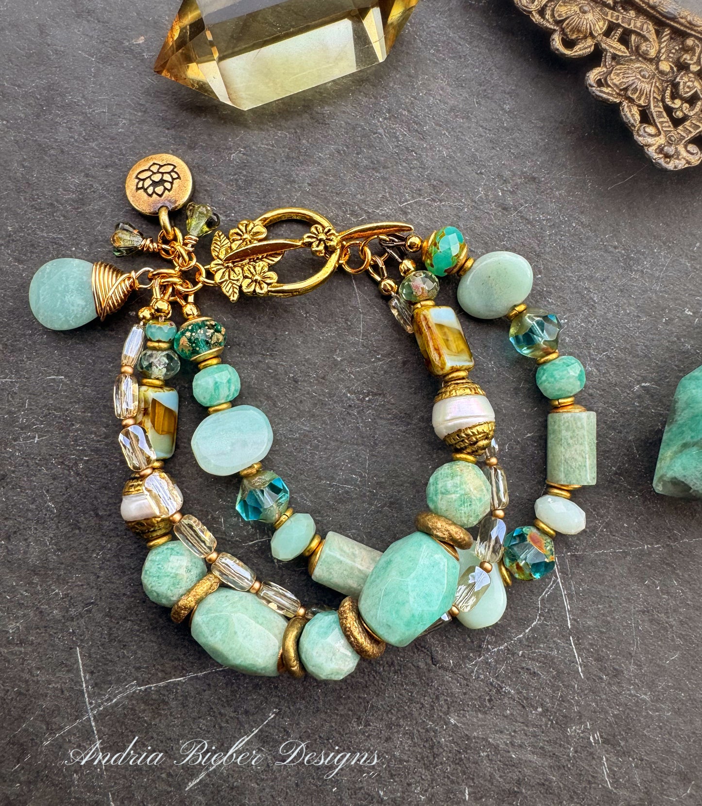 Amazonite, Czech glass, crystal, brass metal, bracelet, jewelry