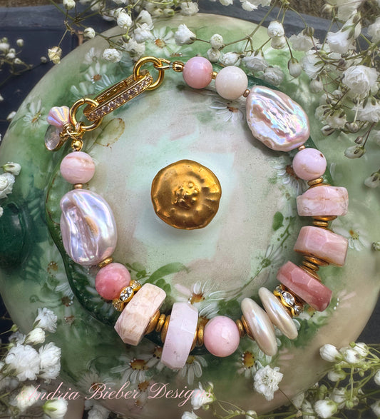 Pink opal, rose quartz, pearls, rhinestone clasp, bracelet.