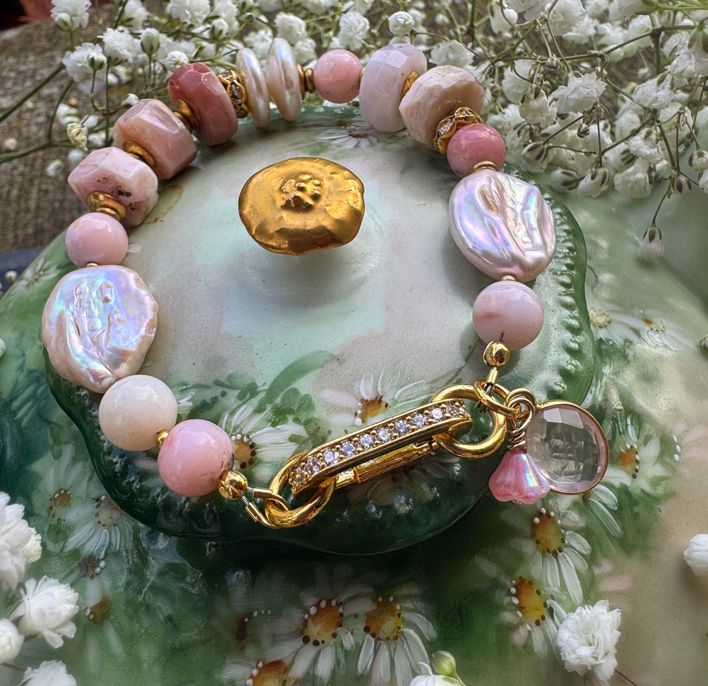 Pink opal, rose quartz, pearls, rhinestone clasp, bracelet.