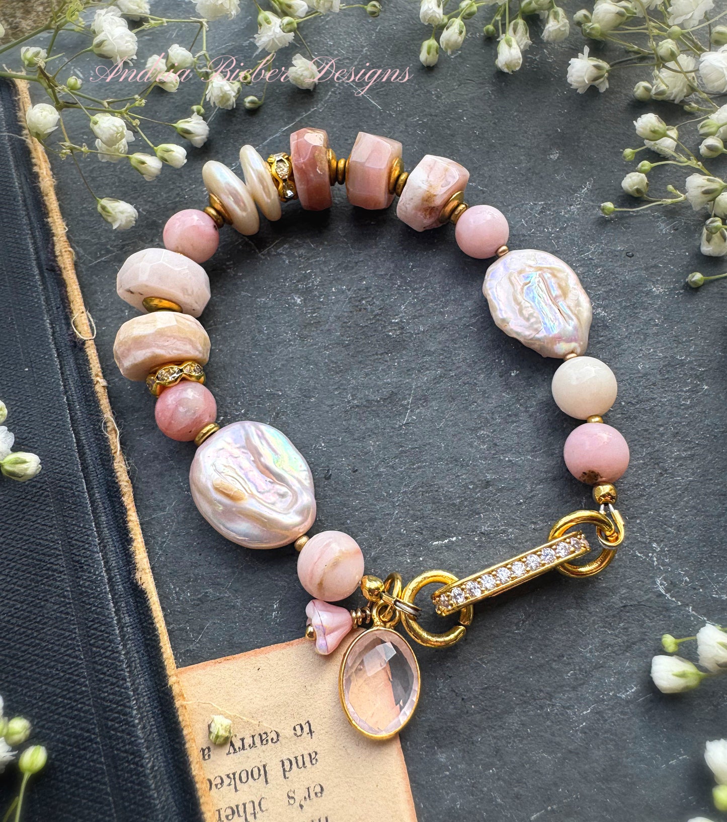 Pink opal, rose quartz, pearls, rhinestone clasp, bracelet.