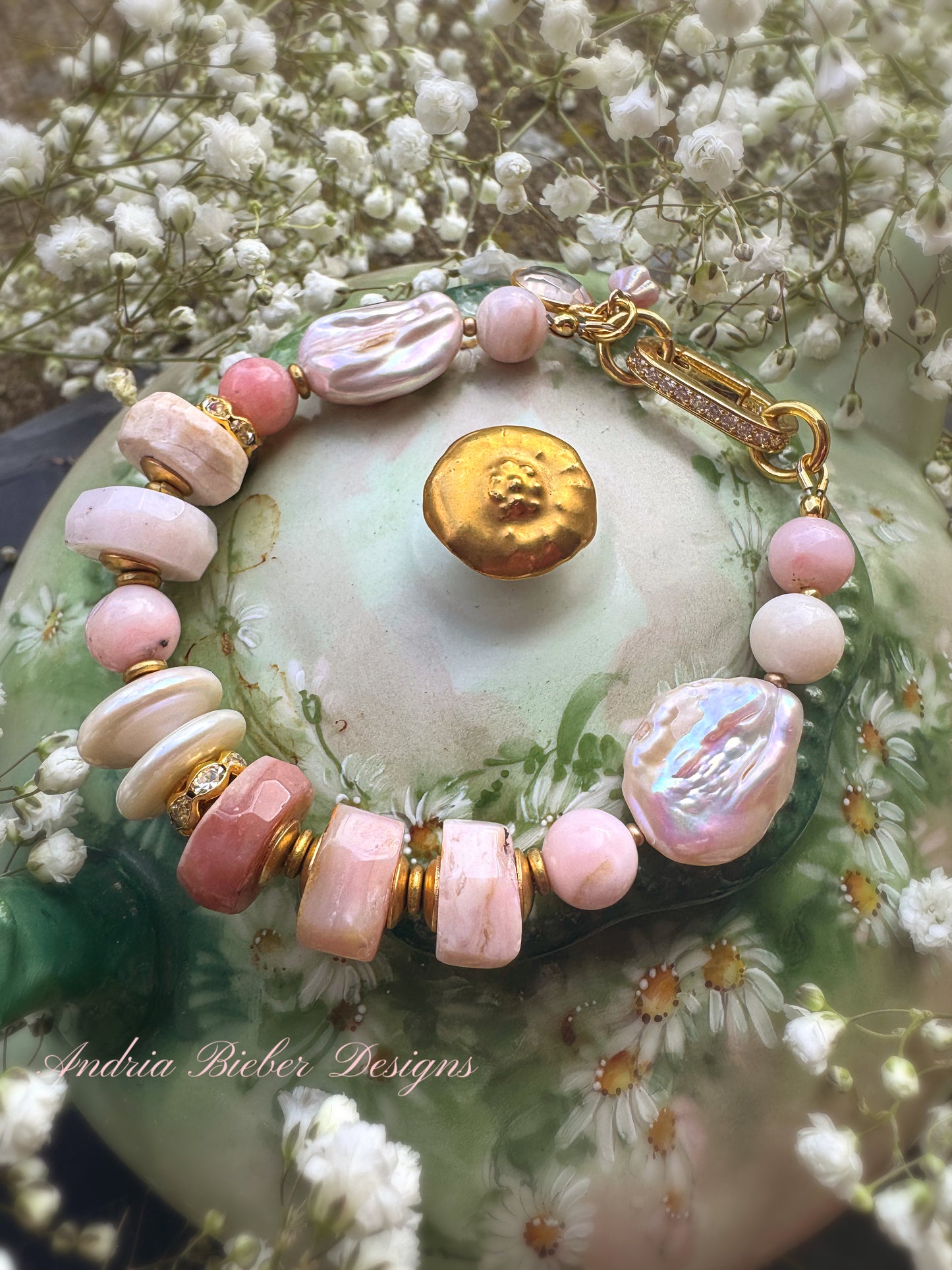 Pink opal, rose quartz, pearls, rhinestone clasp, bracelet.