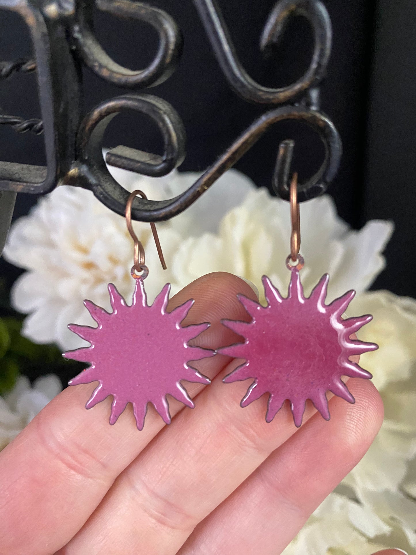 Pink enamel charms, copper metal, earrings