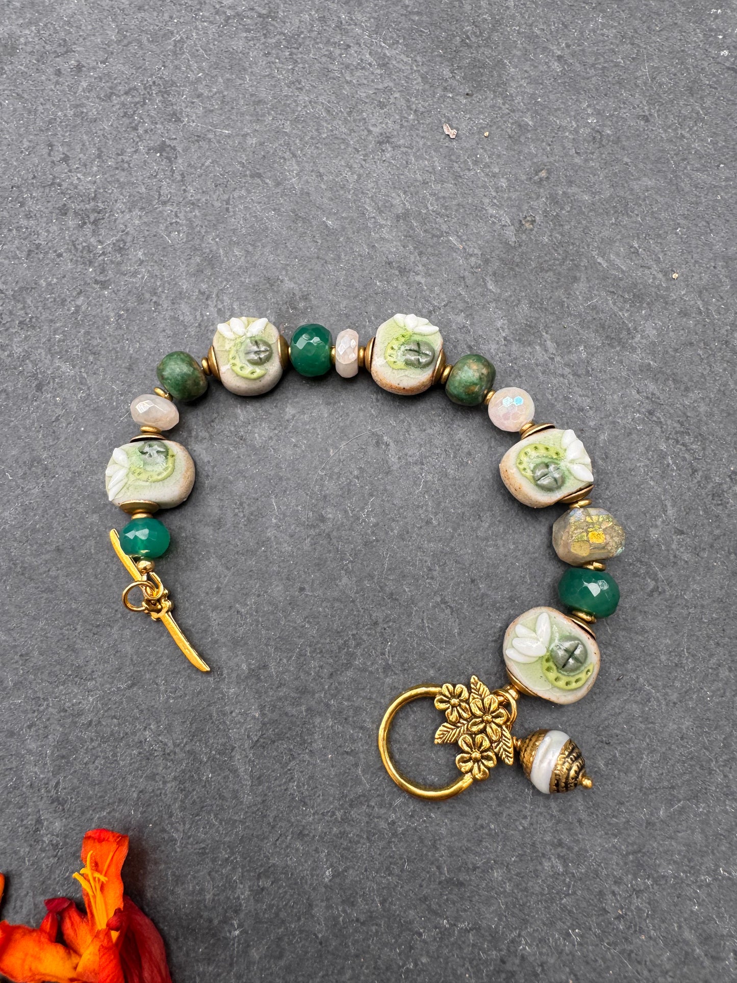Moonstone, ceramic lotus flower beads, green chalcedony, moonstone, pearl, AB chalcedony, gold metal, bracelet
